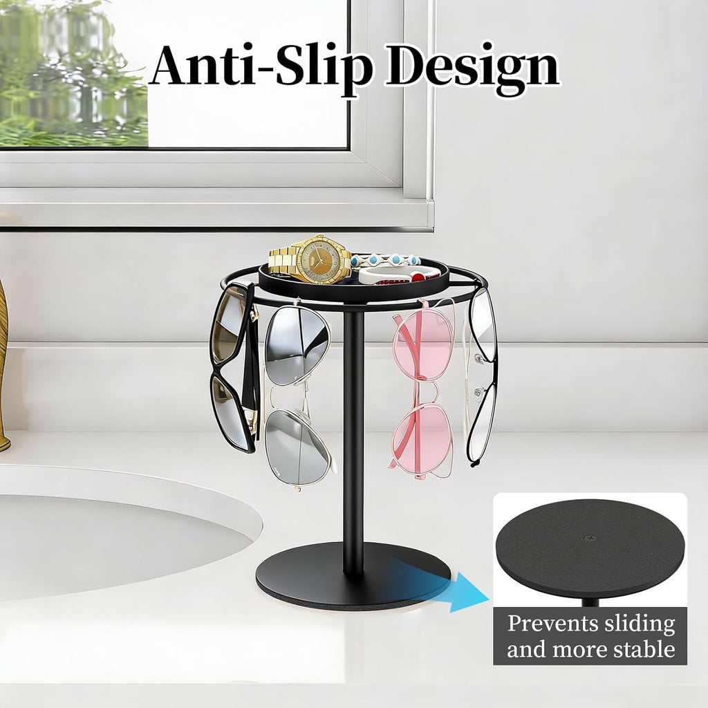 Metal Sunglasses Organizer, Glasses Holder Stand with Storage Tray | Eyeglasses Holder with Anti-Slip Pads for Tabletop, Desk, Dresser, Matte Black