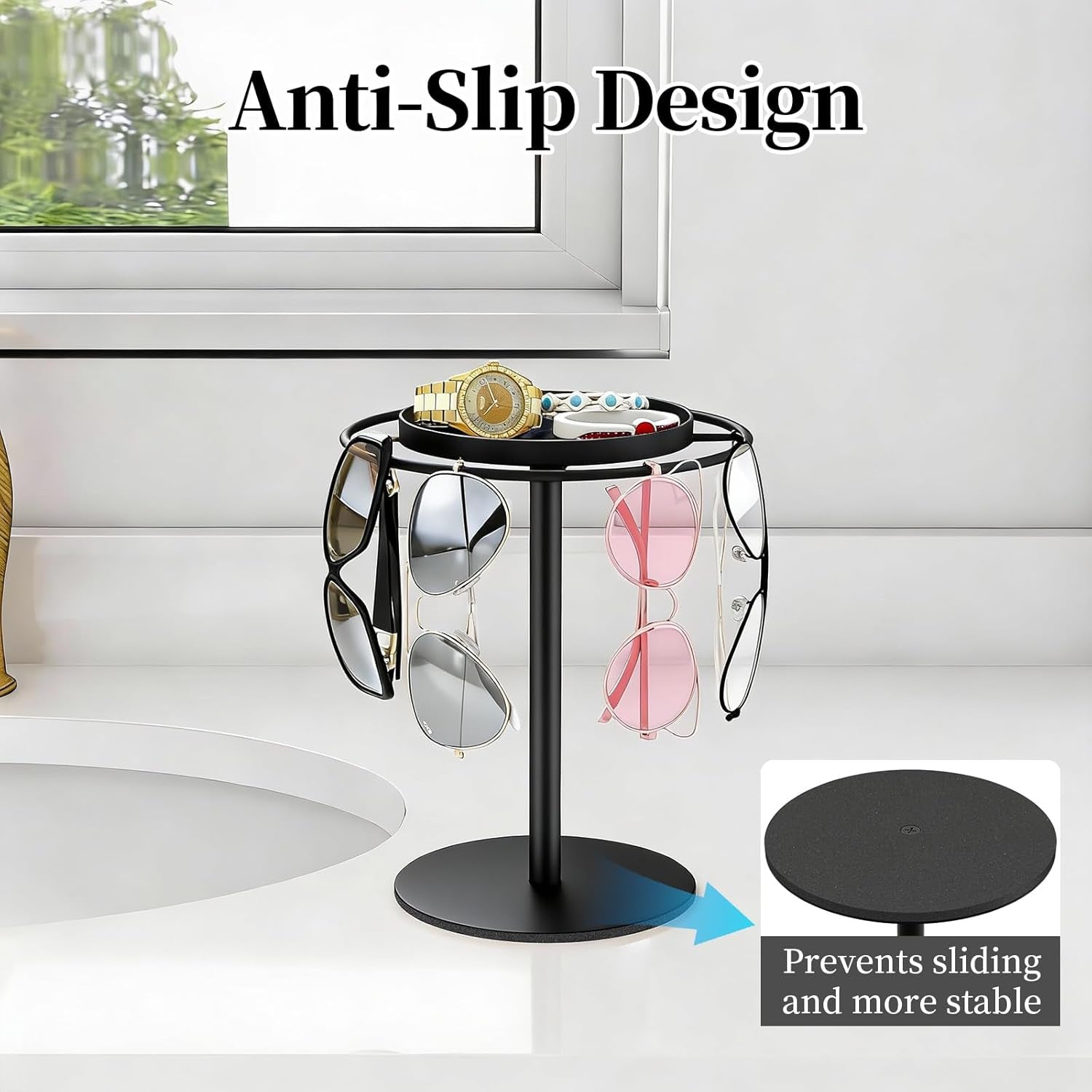 Metal Sunglasses Organizer, Glasses Holder Stand with Storage Tray | Eyeglasses Holder with Anti-Slip Pads for Tabletop, Desk, Dresser, Matte Black