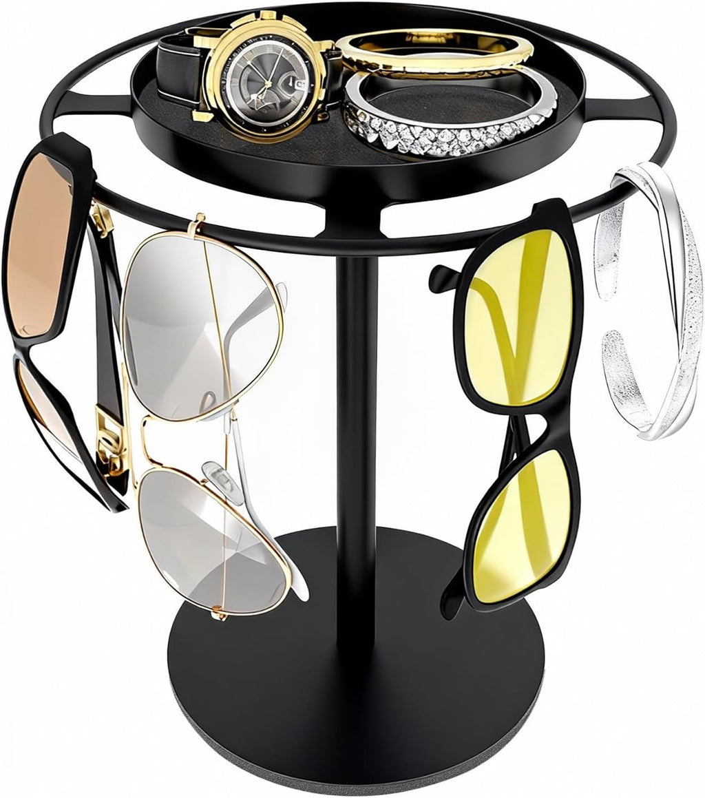 Metal Sunglasses Organizer, Glasses Holder Stand with Storage Tray | Eyeglasses Holder with Anti-Slip Pads for Tabletop, Desk, Dresser, Matte Black