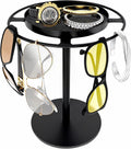 Metal Sunglasses Organizer, Glasses Holder Stand with Storage Tray | Eyeglasses Holder with Anti-Slip Pads for Tabletop, Desk, Dresser, Matte Black