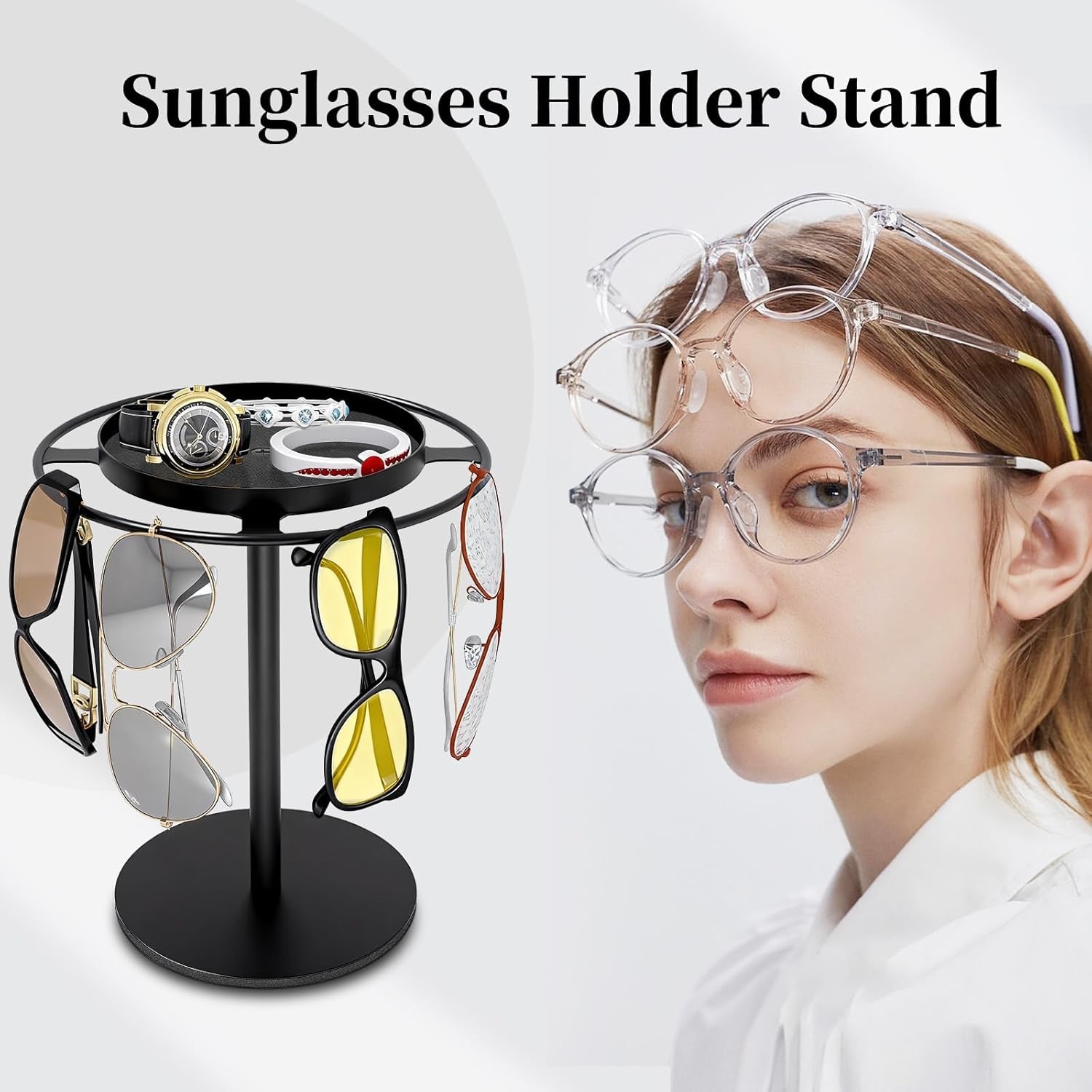 Metal Sunglasses Organizer, Glasses Holder Stand with Storage Tray | Eyeglasses Holder with Anti-Slip Pads for Tabletop, Desk, Dresser, Matte Black