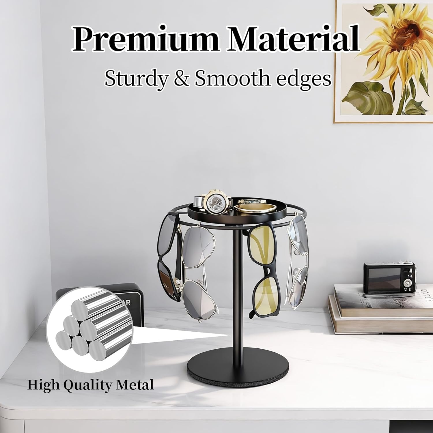 Metal Sunglasses Organizer, Glasses Holder Stand with Storage Tray | Eyeglasses Holder with Anti-Slip Pads for Tabletop, Desk, Dresser, Matte Black